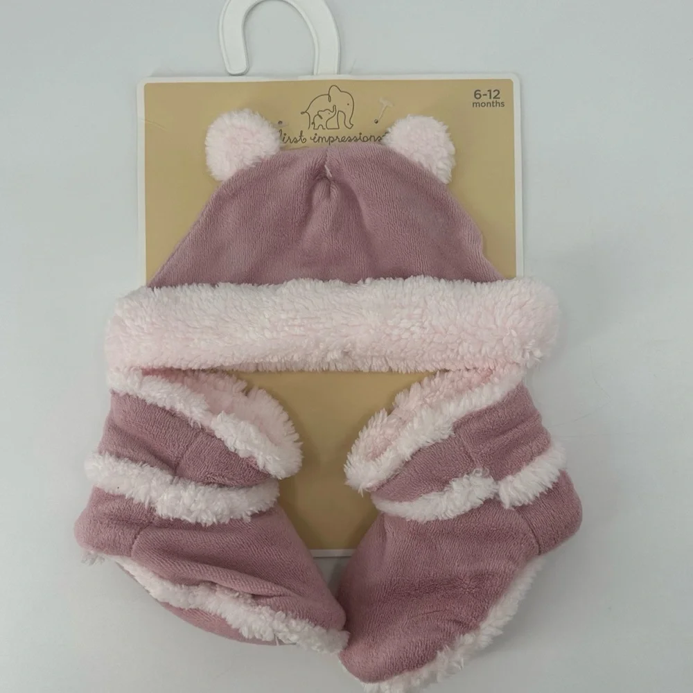 First Impressions Baby Pink Hat and Booties Set Size 6-12 Months New